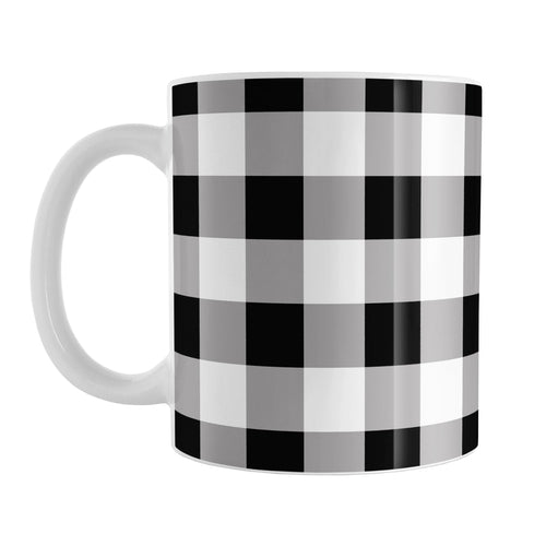 Black and White Buffalo Plaid Mug (11oz) at Amy's Coffee Mugs. A ceramic coffee mug designed with a black and white buffalo plaid (buffalo check) pattern that wraps around the mug to the handle.