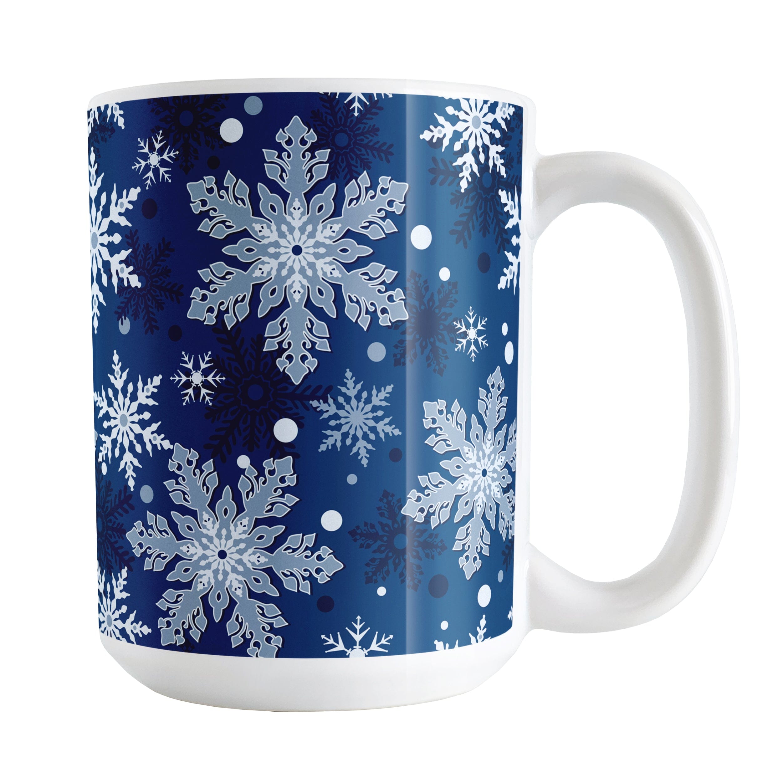 Classic Blue Snowflake Pattern Winter Mug (15oz) at Amy's Coffee Mugs. A ceramic coffee mug designed with a pattern of different shades of blue snowflakes over a classic blue background color that wraps around the mug.