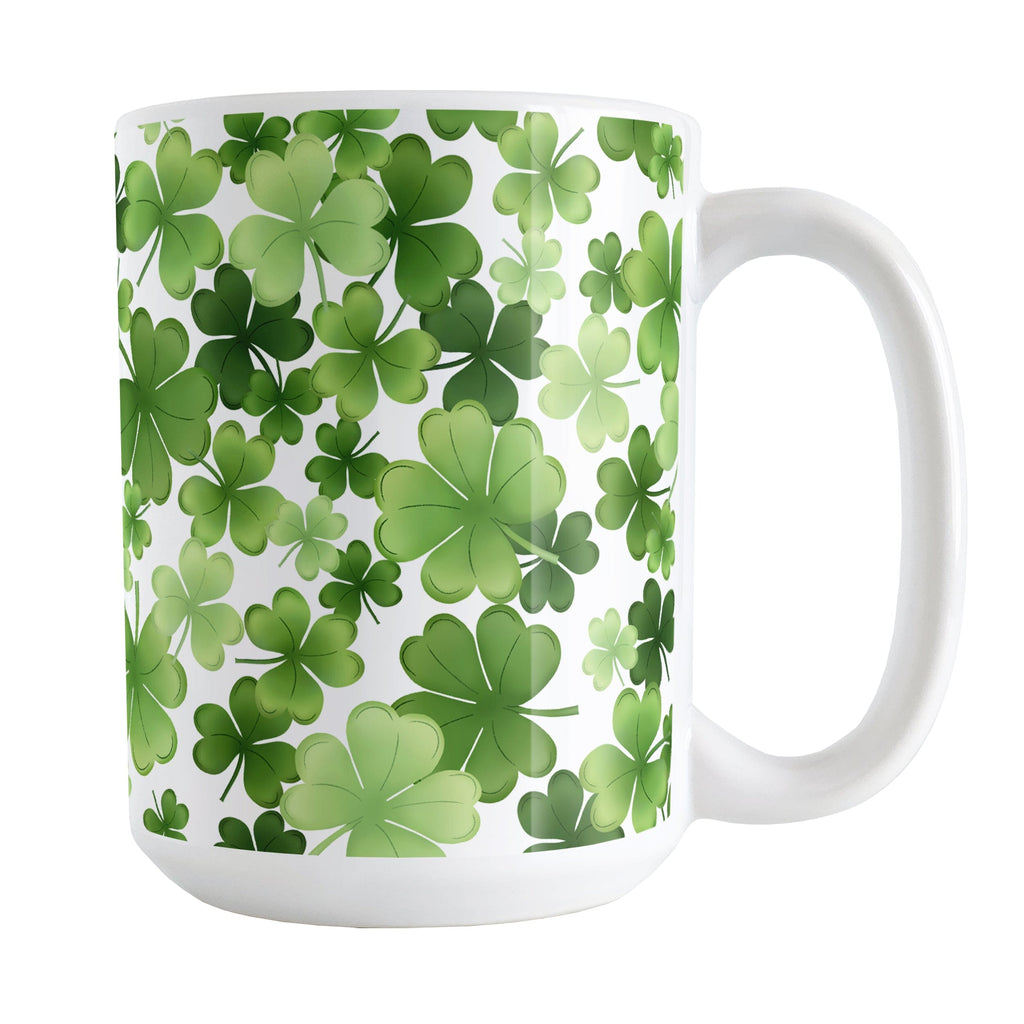 Shamrocks and 4-Leaf Clovers Mug (15oz) at Amy's Coffee Mugs. A ceramic coffee mug designed with an organic-like pattern of green shamrocks and 4-leaf clovers in different shades of green. This illustrated pattern is printed around the mug to the handle. It's perfect for anyone who loves clovers and shamrocks or wants a new mug for St. Patrick's Day.